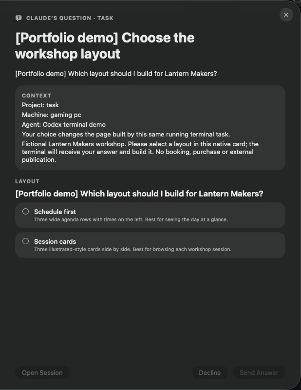 Actual Mac Attention card asking which Lantern Makers layout to build, with neither option selected
