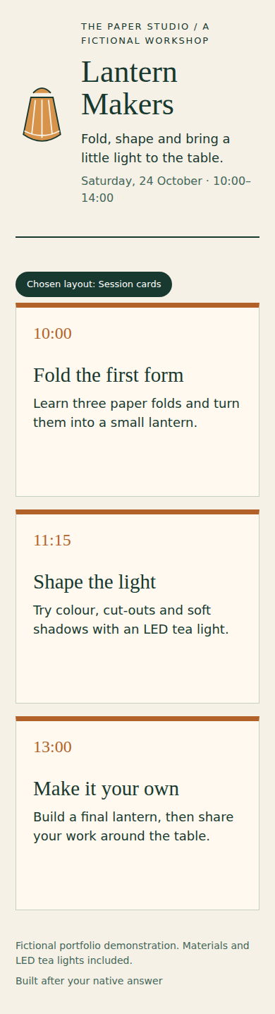 Actual browser render of the same generated HTML at 390 pixels, with workshop sessions stacked in one column