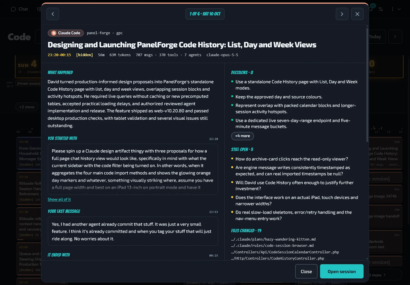 A session preview showing the archived work that built Code History.