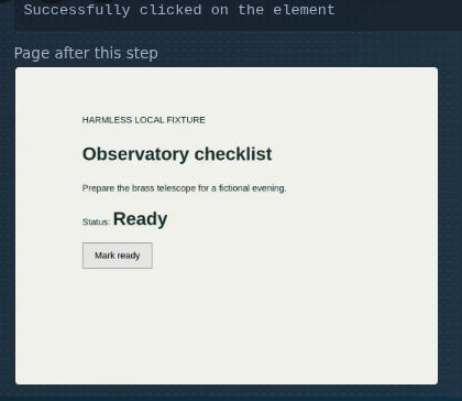 Actual desktop tool-card detail: Successfully clicked on the element, Page after this step, and the fictional checklist showing Ready.