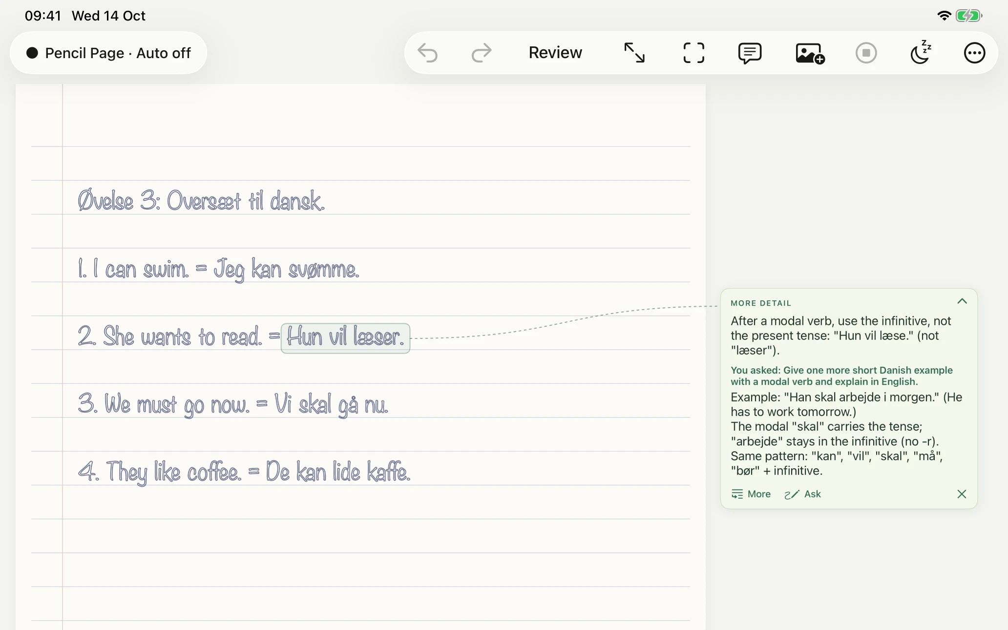 Pencil Page in an iPad simulator, with a synthetic Danish exercise and a real AI margin note correcting a verb form.
